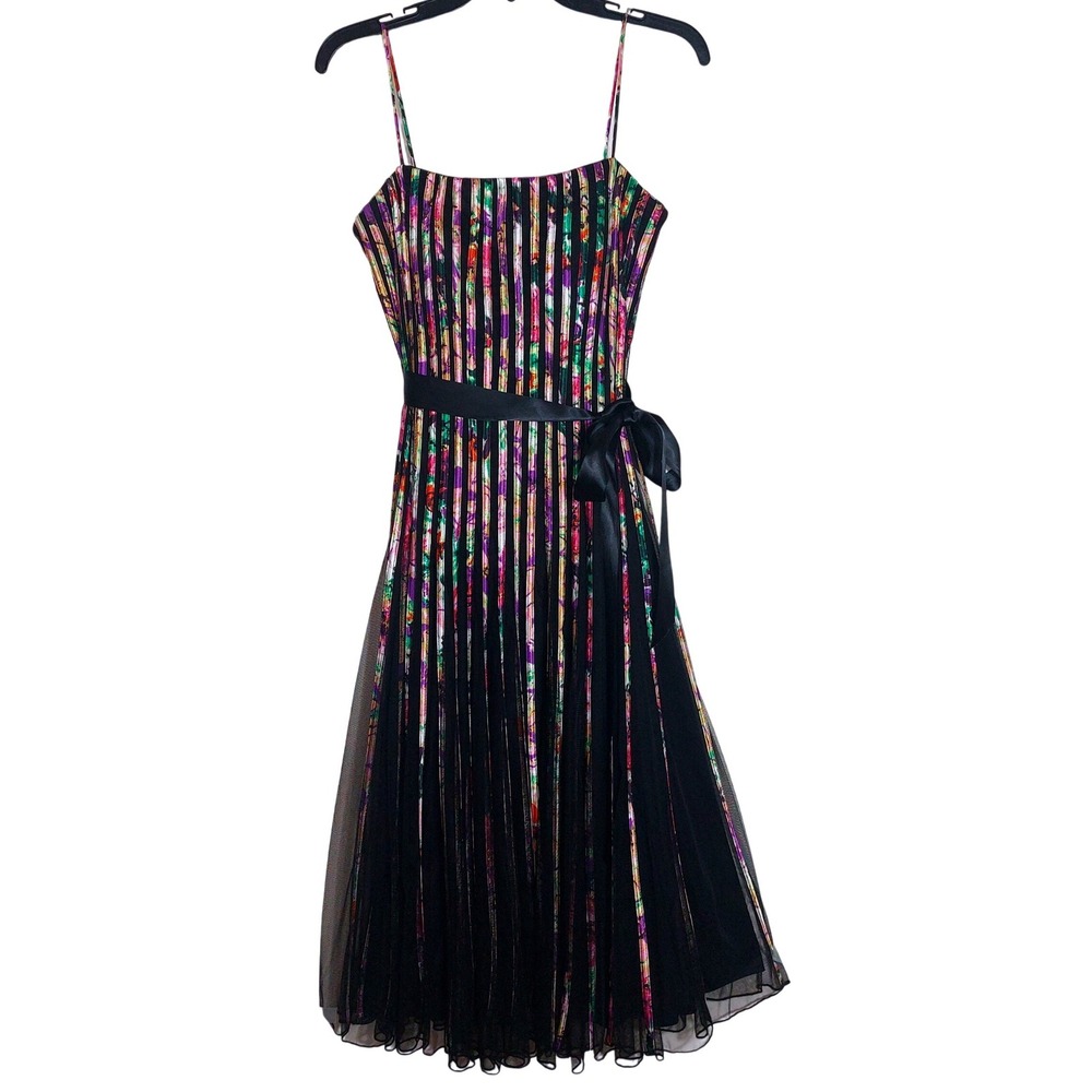 EUC JS Collections Floral Pleated Belt Midi Dress Spaghetti Strap Satin Size 10 - Picture 7 of 15